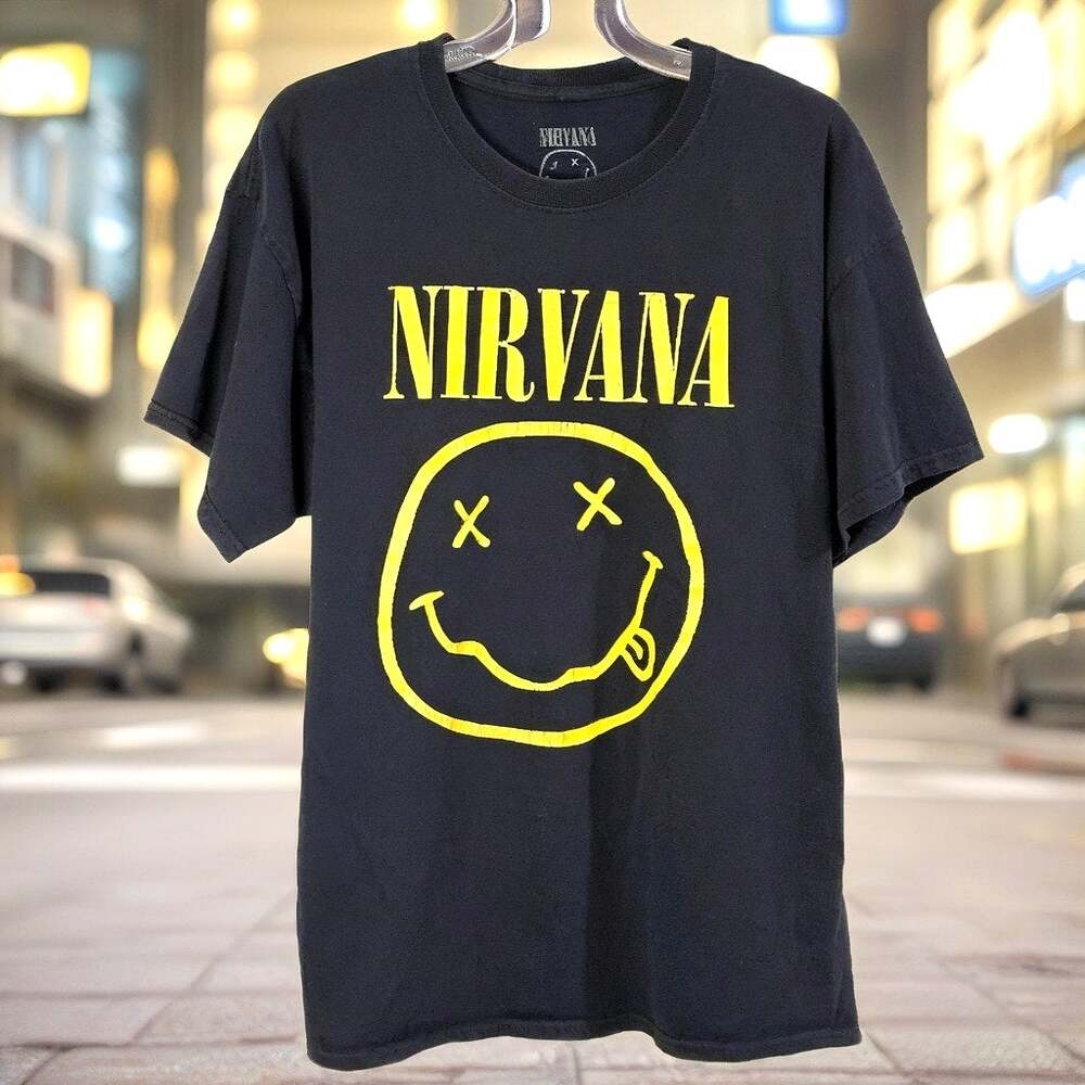 Nirvana Smiley Face Mens XL Black Graphic T Shirt Vintage 90s Grunge Punk
